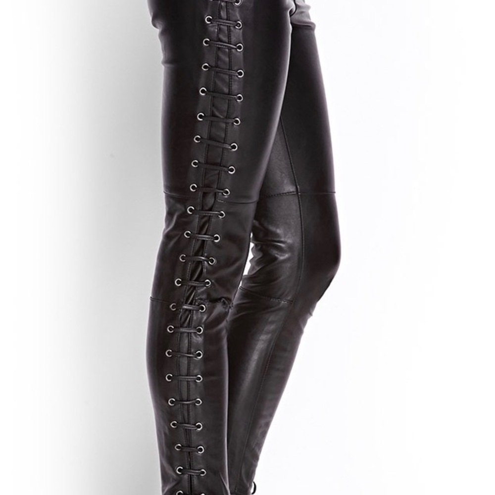 Black Lace Up Leather Pants